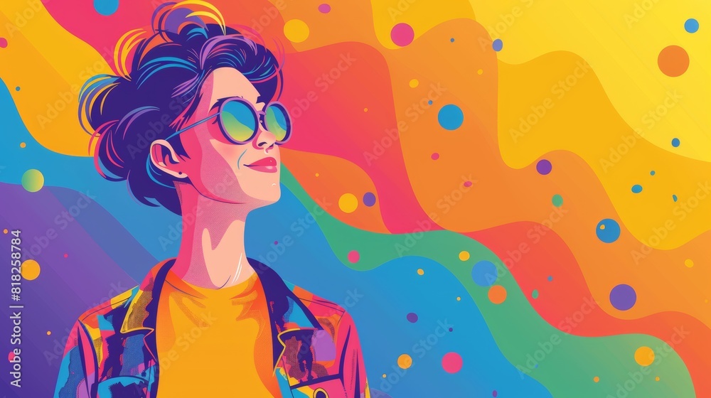 Vibrant and colorful illustration of a person with sunglasses, looking upward with a confident smile, set against a vivid abstract background.