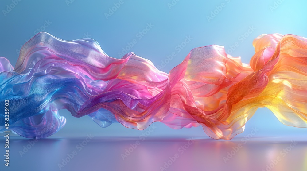 Flowing colorful transparent fabric on a blue background. The colors blend together to create an abstract and dynamic piece of art. Flowing colorful transparent fabric on a blue background. The colors blend together to create an abstract and dynamic piece of art.