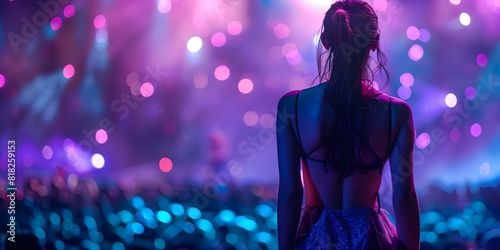 Female singer wowing the crowd in a backless dress at a concert with spectacular lighting. Concept Concert Performance, Backless Dress, Female Singer, Crowd Interaction, Spectacular Lighting