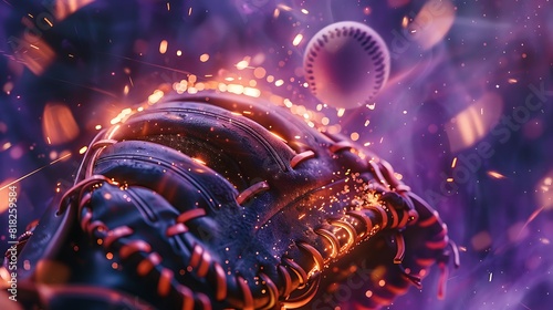 A baseball glove with a glowing ball and sparks of fire, set against a deep purple background. 8k, realistic, full ultra HD, high resolution and cinematic photography photo