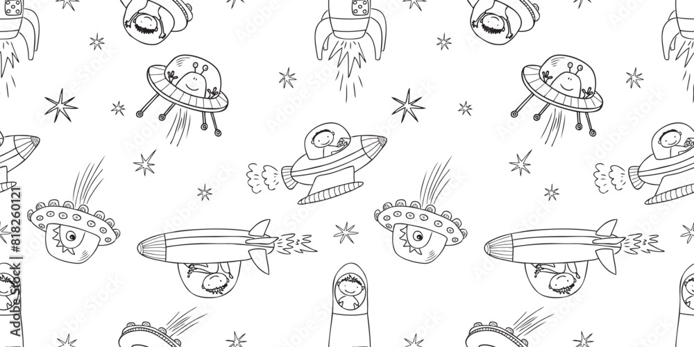 Aliens,astronauts, meet,flying saucer,rockets,seamless pattern,fantastic creatures,space,cartoon characters,contour hand drawings, vector background,paper,wallpaper