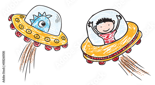 Alien,astronaut,meet,space,flying saucer,fantastic creatures,cartoon characters,unknown,textured vector hand drawn illustration isolated on white