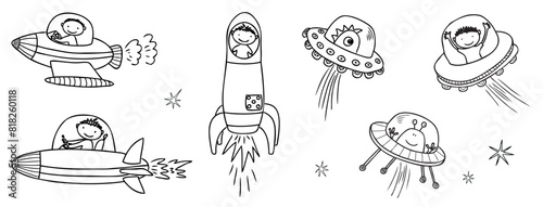 Aliens,astronauts,meet,flying saucer,rockets,fantastic creatures,space,cartoon characters,contour hand drawings, vector illustration isolated on white