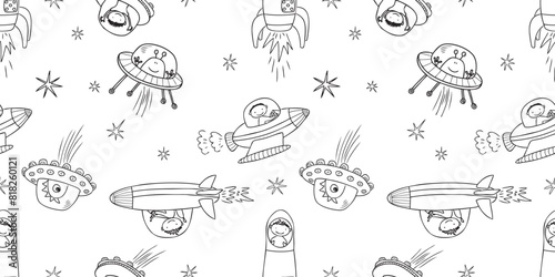 Aliens astronauts  meet flying saucer rockets seamless pattern fantastic creatures space cartoon characters contour hand drawings  vector background paper wallpaper