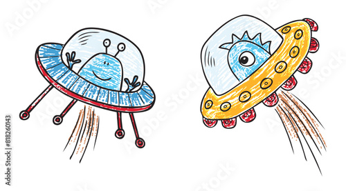 Aliens,flying saucer,fantastic creatures,space,cartoon characters,unknown,textured vector hand drawn illustration isolated on white