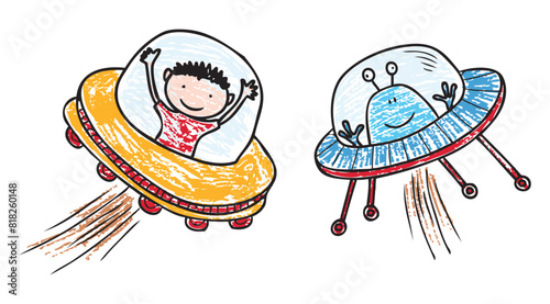 Alien,astronaut,meet,flying saucer,fantastic creatures,space,cartoon characters,unknown,textured vector hand drawn illustration isolated on white