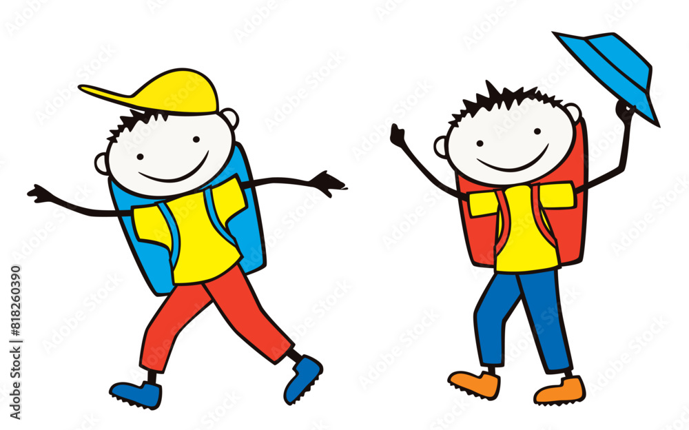 Tourists,two,schol children hiking, backpacks,hats, cheerful, cartoon characters, walking, smiling, teens, sports, vector illustration isolated on white Tourists,two,schol children hiking, backpacks,hats, cheerful, cartoon characters, walking, smiling, teens, sports, vector illustration isolated on white