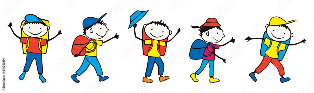 Tourists, schol children hiking, backpacks,hats, cheerful, cartoon characters, walking in row, smiling, teens, sports, vector illustration isolated on white Tourists, schol children hiking, backpacks,hats, cheerful, cartoon characters, walking in row, smiling, teens, sports, vector illustration isolated on white