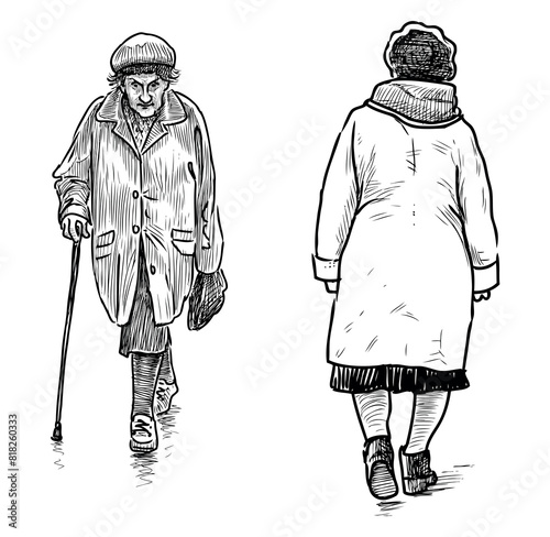 Seniors women walking outdoors,beret,coat, walking stick, old people, realistic, summer,vector hand drawings isolated on white