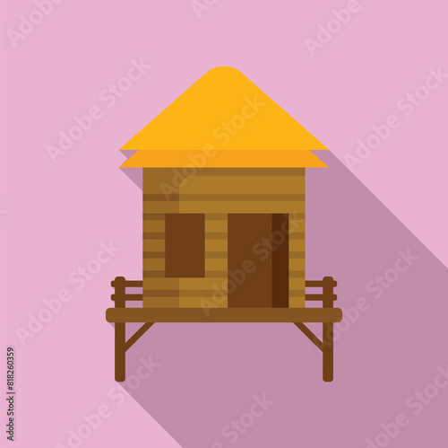 Vector graphic of a simplistic, colorful beach hut on stilts with a pink background