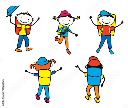 Tourists, schol children hiking, backpacks,hats, cheerful, cartoon characters, meeting, smiling, teens, sports, vector illustration isolated on white
