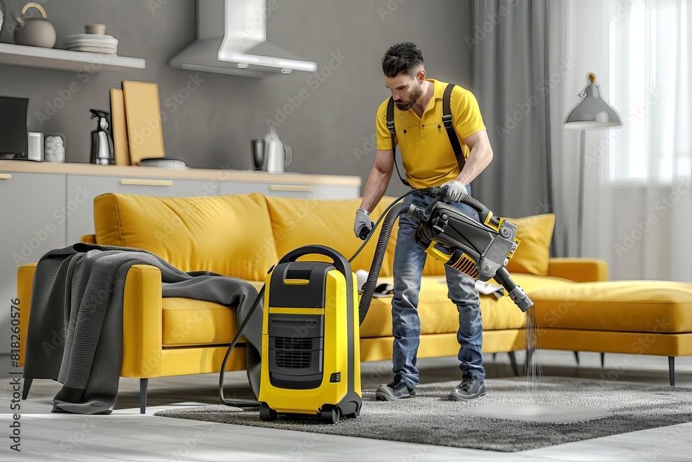 skilled worker operating carpet cleaning machine professional washing ...