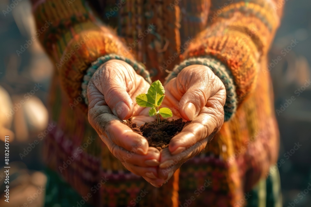 An elderly woman wearing a colorful sweater is holding a small plant with soil in her hands.