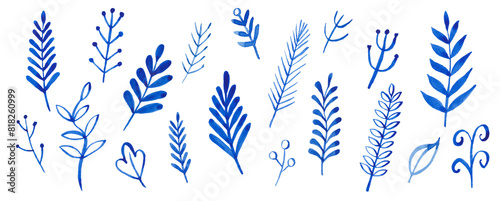 A set of simple blue botanical watercolor plants - twigs with leaves. Hand-drawn.