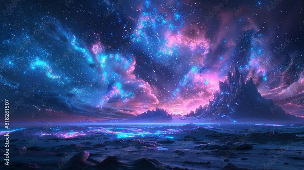 Naklejka premium Fantasy Starry Night Sky in Blue and Purple A Magical Journey Through Celestial Colors and Dreamlike Landscapes