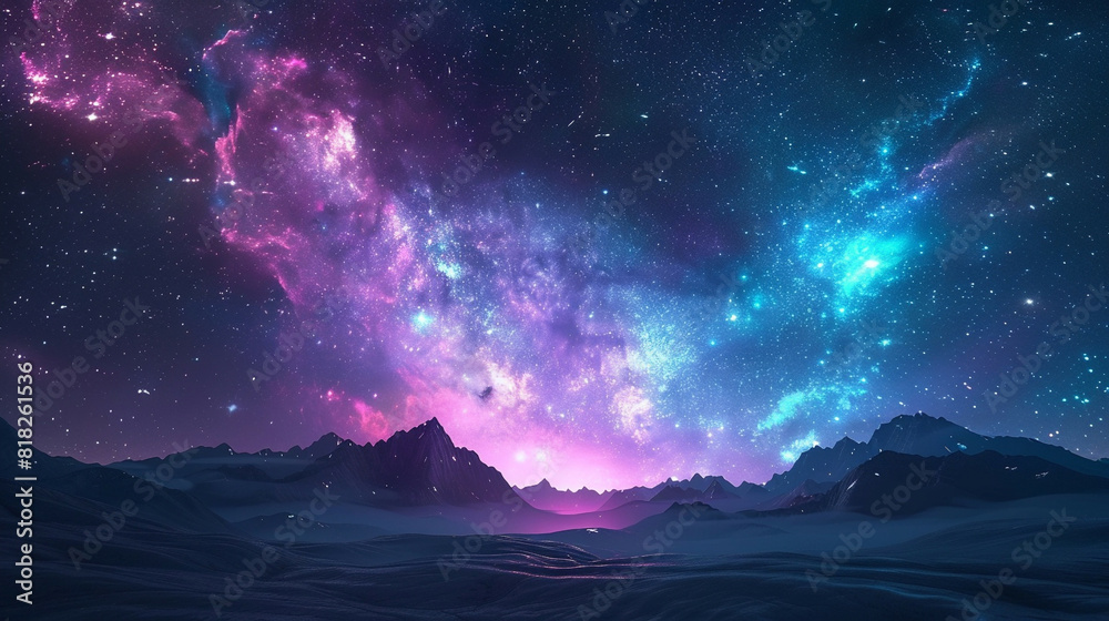 Naklejka premium Fantasy Starry Night Sky in Blue and Purple A Magical Journey Through Celestial Colors and Dreamlike Landscapes