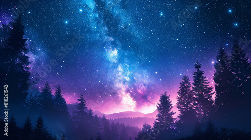 Fantasy Starry Night Sky in Blue and Purple A Magical Journey Through Celestial Colors and Dreamlike Landscapes © Pixel