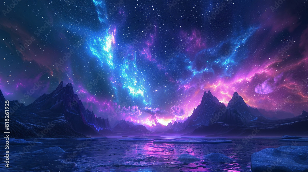 Naklejka premium Fantasy Starry Night Sky in Blue and Purple A Magical Journey Through Celestial Colors and Dreamlike Landscapes