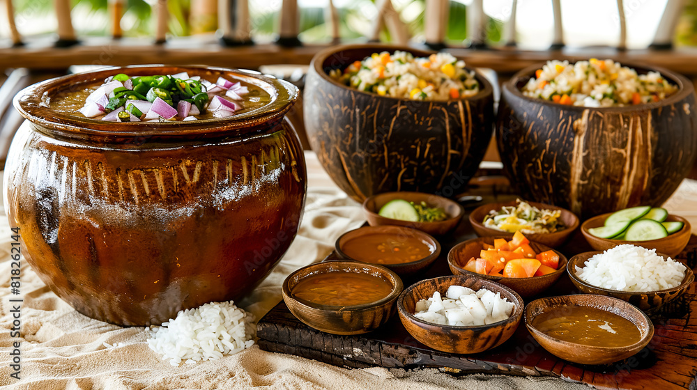 Traditional indian curry with rice and vegetables in clay pot on table Traditional indian curry with rice and vegetables in clay pot on table