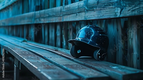 Baseball helmet resting on a wooden bench in a dugout. Background: navy blue. 8k, realistic, full ultra HD, high resolution and cinematic photography photo