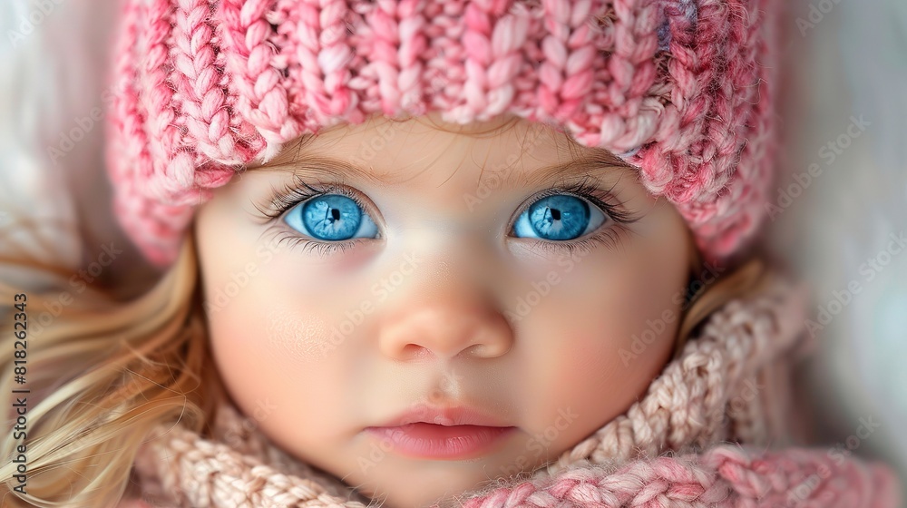 A young girl with striking blue eyes is wearing a pink hat in this portrait A young girl with striking blue eyes is wearing a pink hat in this portrait