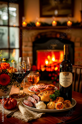 Traditional holiday table setting with wine and snacks in rustic style.