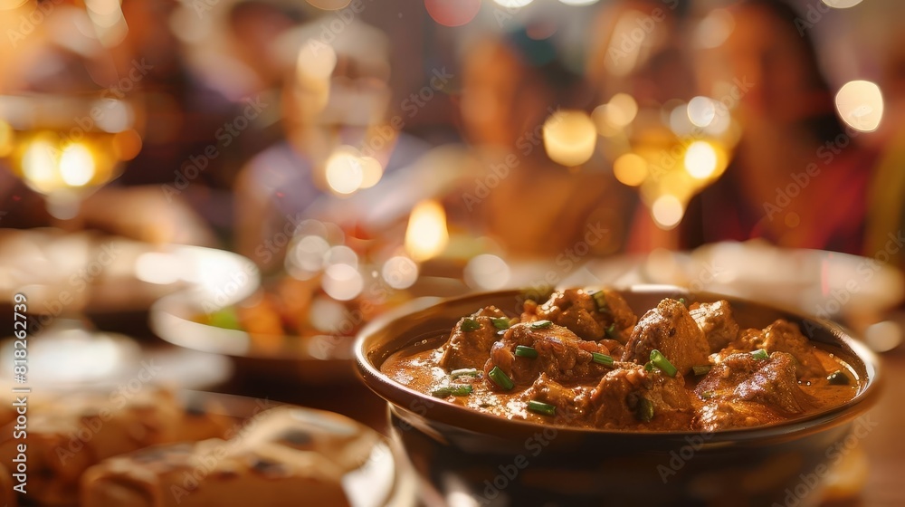 vibrant indian lamb korma dish with blurred family dining background digital painting vibrant indian lamb korma dish with blurred family dining background digital painting