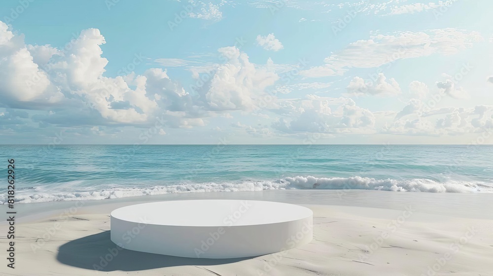 Obraz premium product display podium on beautiful sandy beach with daylight advertising mockup template