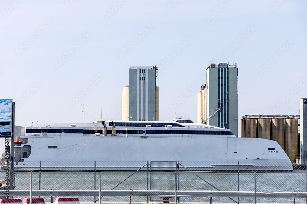 Large and high-speed ferry for transport in the city of Ystad, Sweden. High quality photo Large and high-speed ferry for transport in the city of Ystad, Sweden. High quality photo