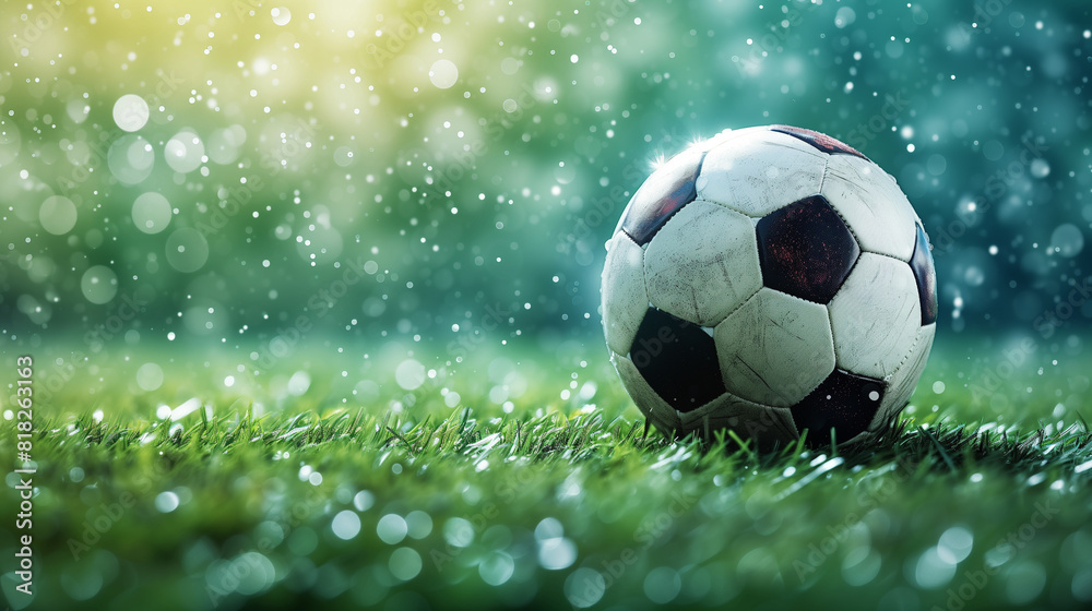 Naklejka premium Football in rain. Soccer ball background.