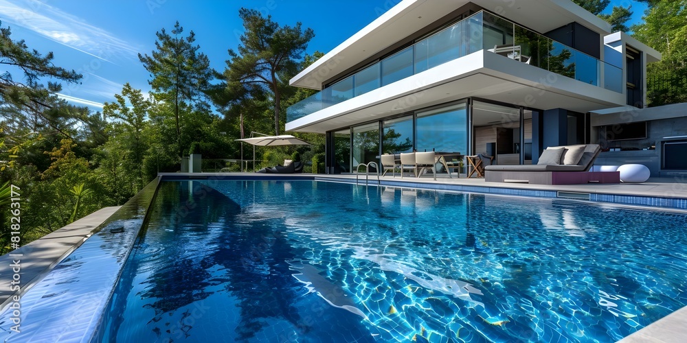 Hilltop Views and Large Pool: A Luxurious Contemporary Villa Perfect for Summer Getaways. Concept Luxury Retreat, Modern Design, Sun-soaked Terrace, Relaxation by the Pool, Stunning Hilltop Views