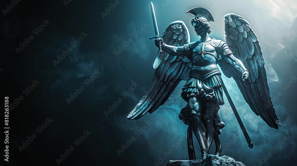 majestic archangel michael statue illuminated on black background ...