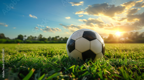 Football or soccer ball on green grass