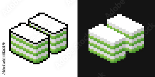 Pixel illustration of pandan coconut kuih lapis with and without line