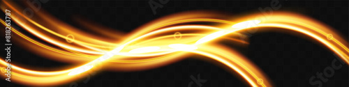 Light wave of shiny gold lines.Gold color glowing design element.Wavy bright stripes.