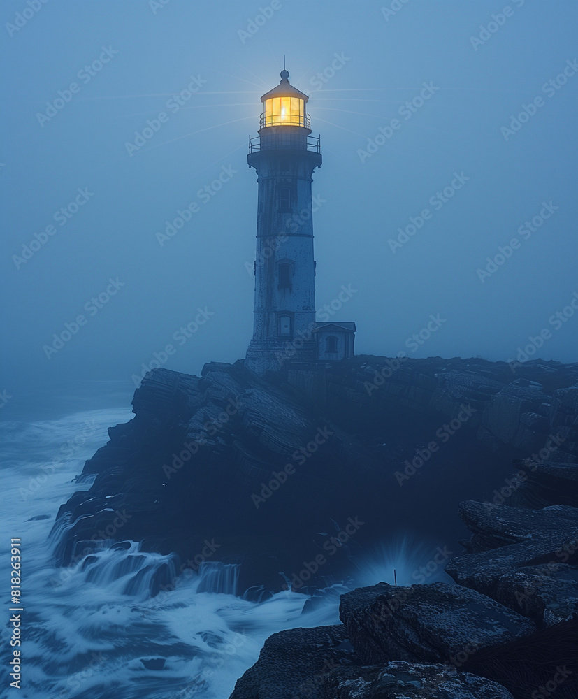 Lighthouse Illuminating a Foggy Rocky Coastline at Night