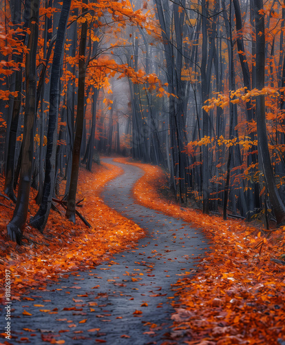 Winding Path Through a Misty Autumn Forest
