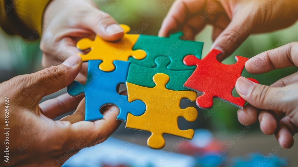teamwork concept hands connecting puzzle pieces closeup studio photography