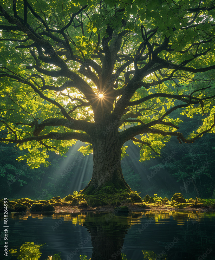 Obraz premium Majestic Oak Tree with Sun Rays in a Tranquil Forest