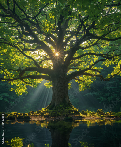 Majestic Oak Tree with Sun Rays in a Tranquil Forest