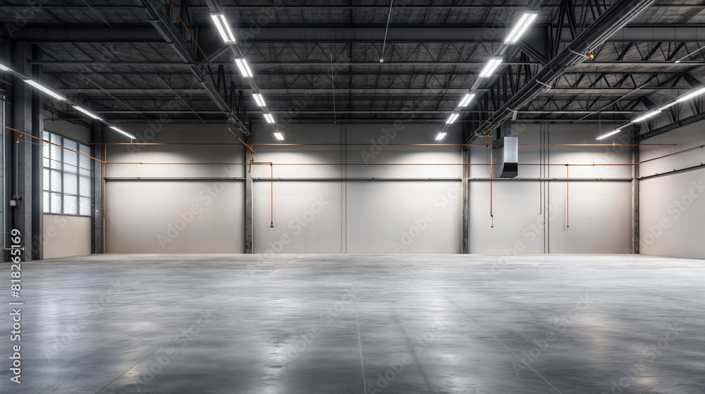 Empty industrial space interior. Open, unoccupied space and minimalistic aesthetic Empty industrial space interior. Open, unoccupied space and minimalistic aesthetic