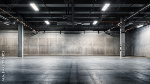 Empty industrial space interior. Open  unoccupied space and minimalistic aesthetic