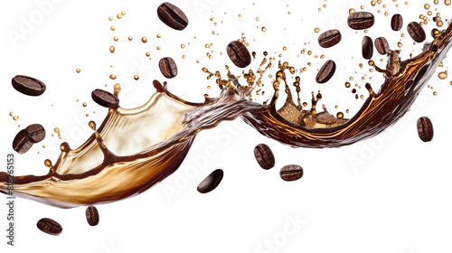 Coffee splash wave with coffee beans isolated on a transparent background
