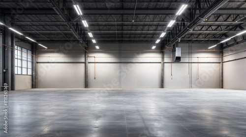 Empty industrial space interior. Open  unoccupied space and minimalistic aesthetic