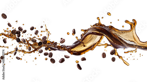 Coffee splash wave with coffee beans isolated on a transparent background