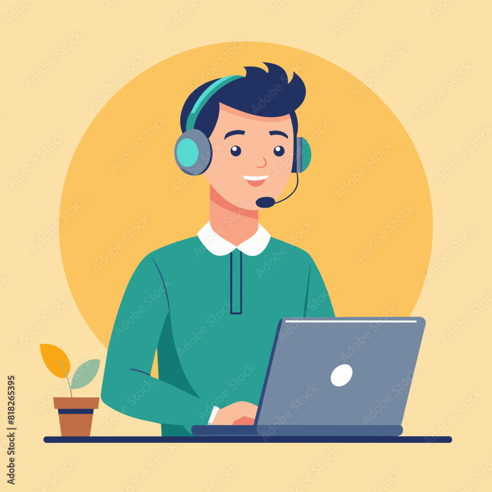 man with headphones and microphone with laptop. Concept illustration for support, call center. Customer service. Vector illustration 