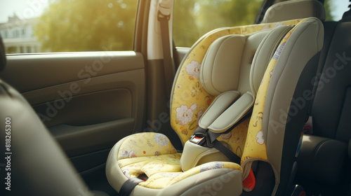 Wallpaper Mural A yellow car seat with a floral pattern is in a car. The car is parked in a parking lot Torontodigital.ca