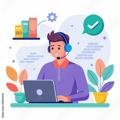 Man with headphones and microphone with laptop. Concept illustration for support, call center. Customer service.Vector illustration 