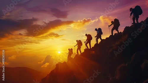 conquering together silhouette of group climbing to mountain peak at sunset teamwork and success concept
