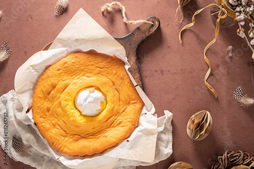 Pao de Lo de Alfeizerao. The traditional Portuguese sponge cake wrapped in the typical paper used on the baking. photo